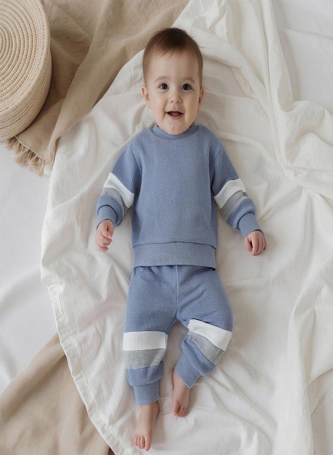 BULINGNA Toddler Baby Boy Fall Winter Clothes Long Sleeve Crewneck Pullover Sweatshirt Jogger Pants Set 2Pcs Contrast Outfit (Blue, 12-18 Months) - Image 2