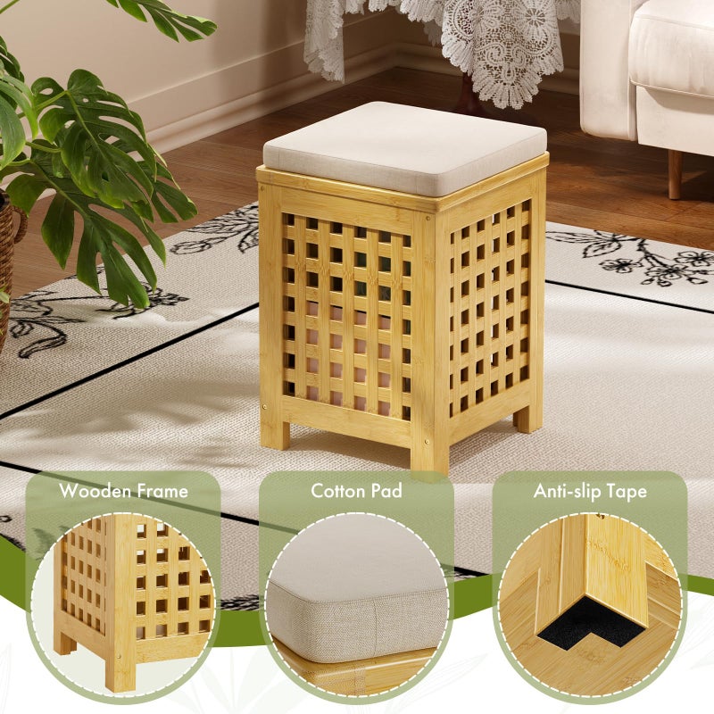 Atoping Bamboo End Table with Removable Cushion and Hidden Storage, 2-in-1 Ottoman Side Table with Breathable Grid Design for Small Space, Living Room, Bedroom, Balcony, Entryway - Image 3