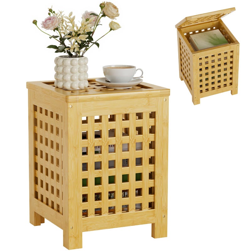 Atoping Bamboo End Table with Removable Cushion and Hidden Storage, 2-in-1 Ottoman Side Table with Breathable Grid Design for Small Space, Living Room, Bedroom, Balcony, Entryway - Image 1
