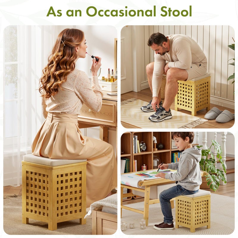 Atoping Bamboo End Table with Removable Cushion and Hidden Storage, 2-in-1 Ottoman Side Table with Breathable Grid Design for Small Space, Living Room, Bedroom, Balcony, Entryway - Image 5
