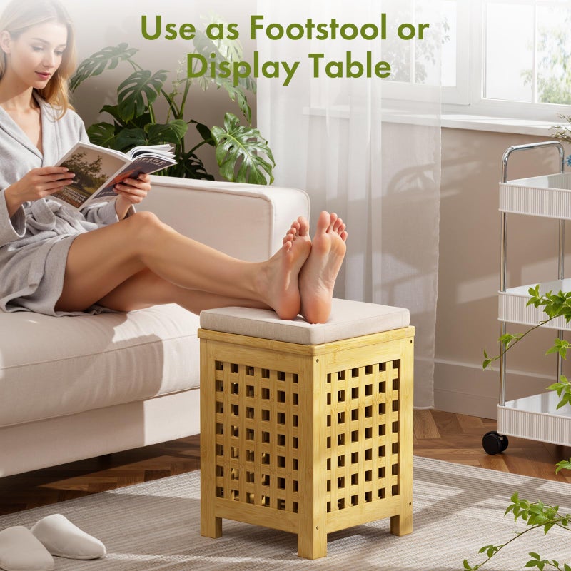 Atoping Bamboo End Table with Removable Cushion and Hidden Storage, 2-in-1 Ottoman Side Table with Breathable Grid Design for Small Space, Living Room, Bedroom, Balcony, Entryway - Image 2