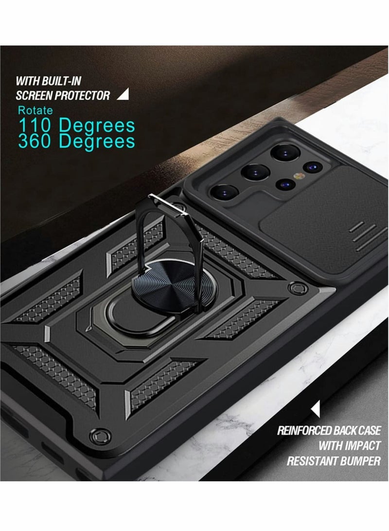 Captaintech Case for Samsung Galaxy S22 Ultra Case with Holder Slide Camera Cover, KASTWAVE Built in 360° Rotate Ring Car Kickstand Magnetic Cover Case for Samsung S22 Ultra Cover 5G 6.8 inch BLACK - Image 4