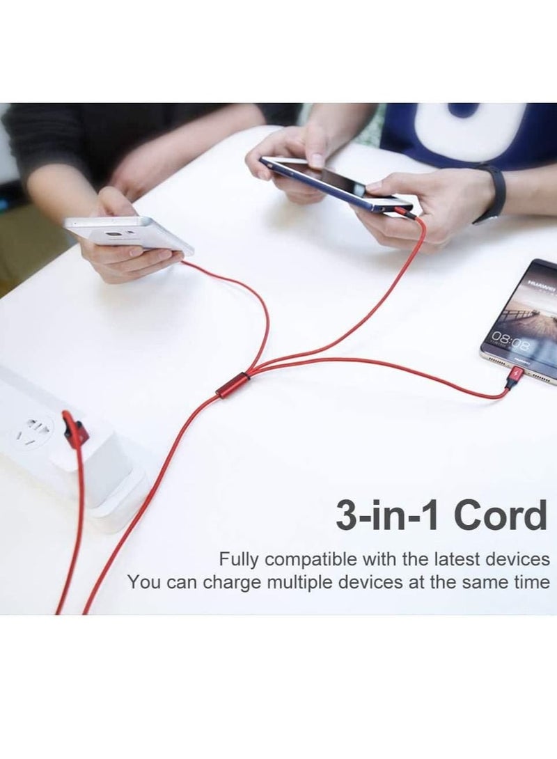 Multi USB Charger Cable, 3 in 1 Nylon Braided Multiple USB Fast Charging Cable Port Connectors Compatible with Cell Phones Tablets Universal Use - 4.1ft (1.25 Meters) - Red