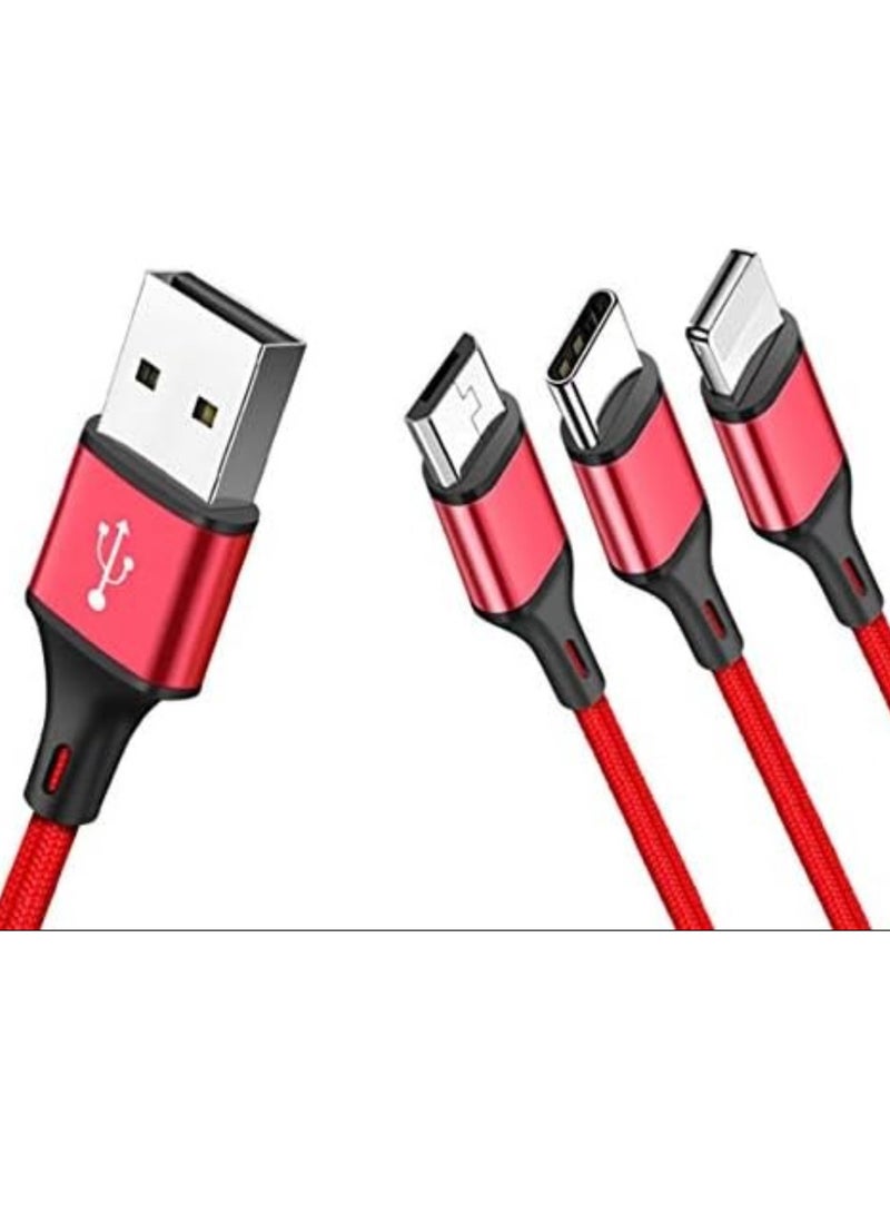 Multi USB Charger Cable, 3 in 1 Nylon Braided Multiple USB Fast Charging Cable Port Connectors Compatible with Cell Phones Tablets Universal Use - 4.1ft (1.25 Meters) - Red