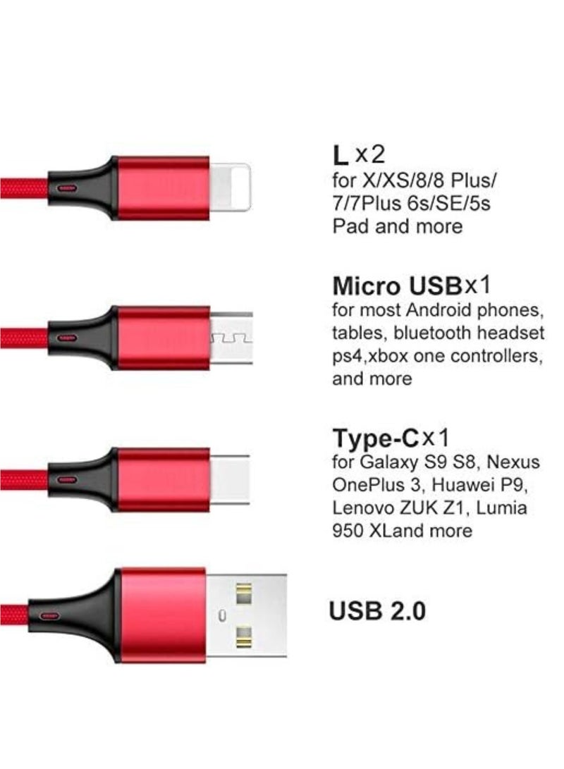 Multi USB Charger Cable, 3 in 1 Nylon Braided Multiple USB Fast Charging Cable Port Connectors Compatible with Cell Phones Tablets Universal Use - 4.1ft (1.25 Meters) - Red
