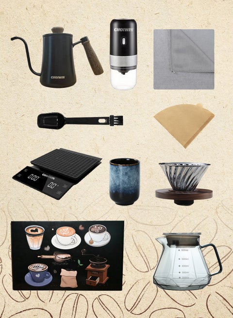 V60 Coffee Maker Set, 9-Piece Electric Coffee Grinder Drip Coffee Maker Set With Portable Hand-held Gift Box，Hand Brewing Coffee Accessories Kit