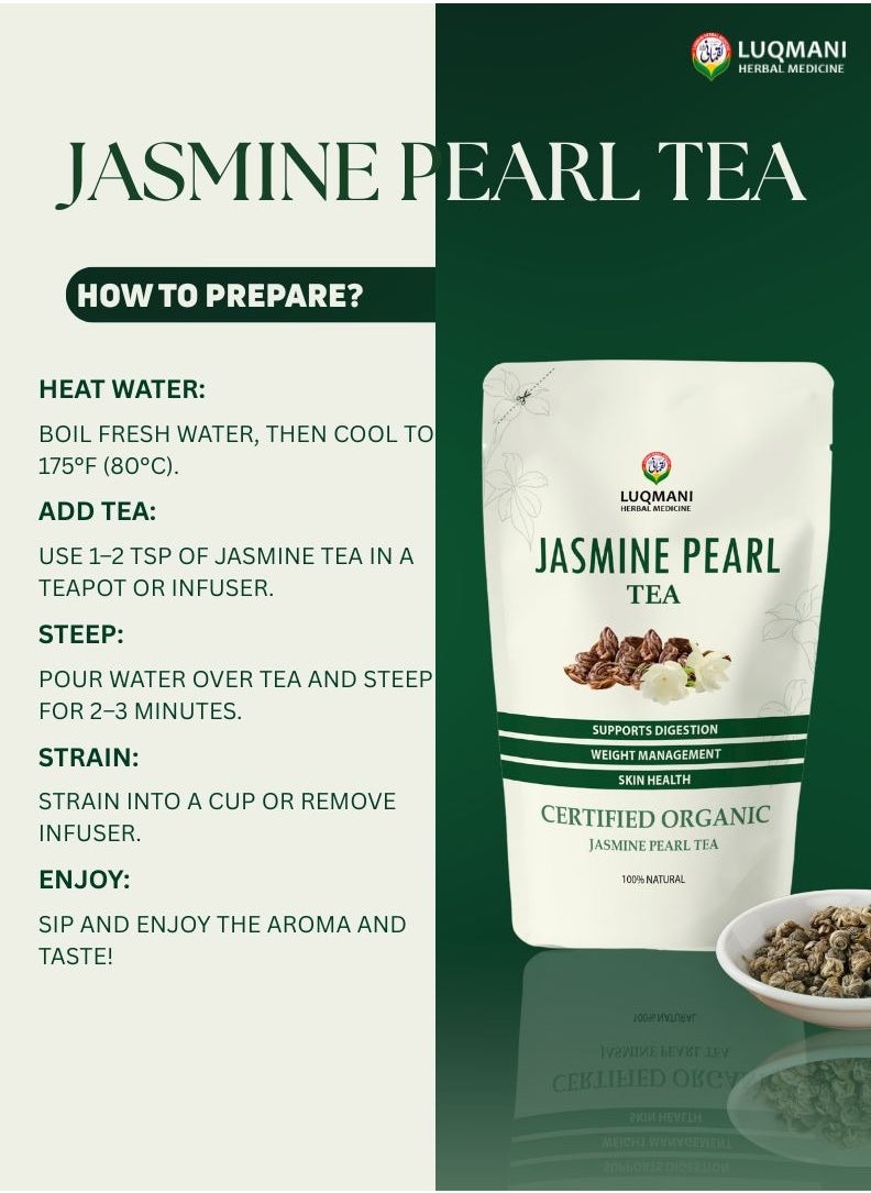 Luqmani 100% Pure Jasmine Pearls Green Tea for Weight Loss - Green Tea with Jasmine Buds - Loose Leaf Tea - 35 Gm