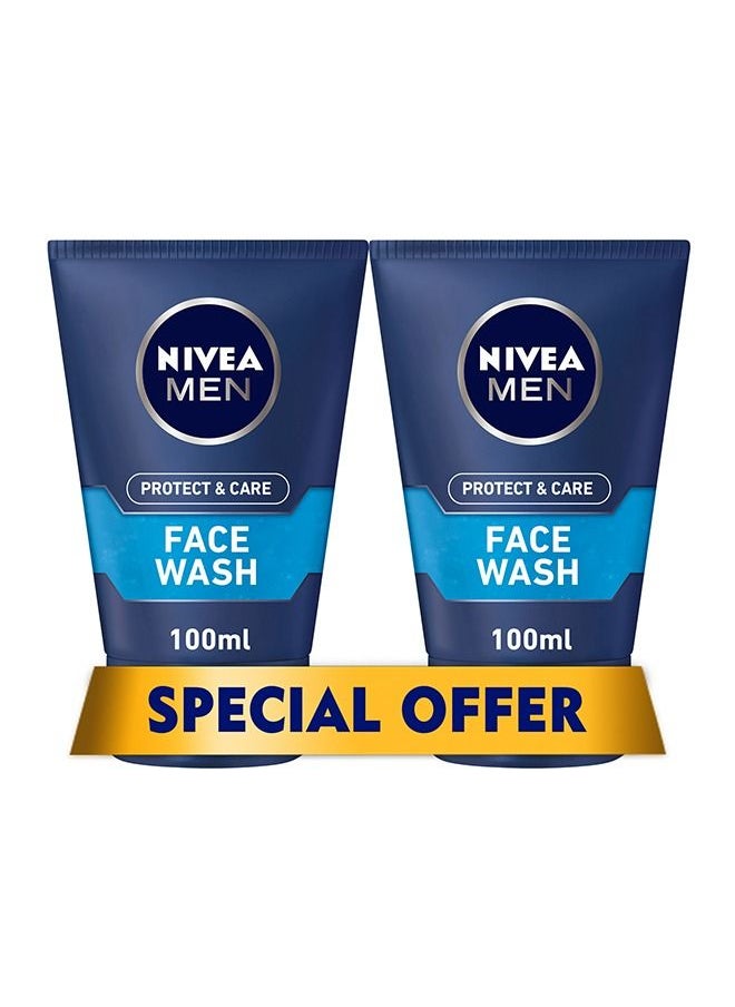 Nivea - NIVEA MEN Face Wash Cleanser, Protect & Care Active Charcoal, 2x100ml - Image 1