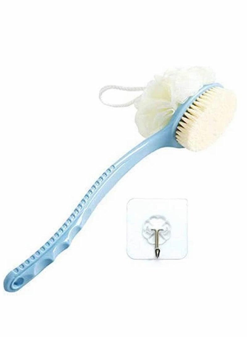 Excefore 2 IN 1 Long handle Bath Body Brush with Soft Loofah and Nylon Wool, Back Scrubber Bath Mesh Sponge for Skin Exfoliating Bath, Massage Suitable for Wet or Dry, Men and Women Blue - Image 1