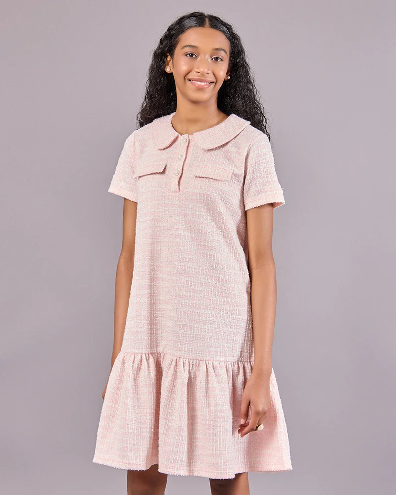 REDTAG Senior Girls Pink Jacquard Tweed Dress