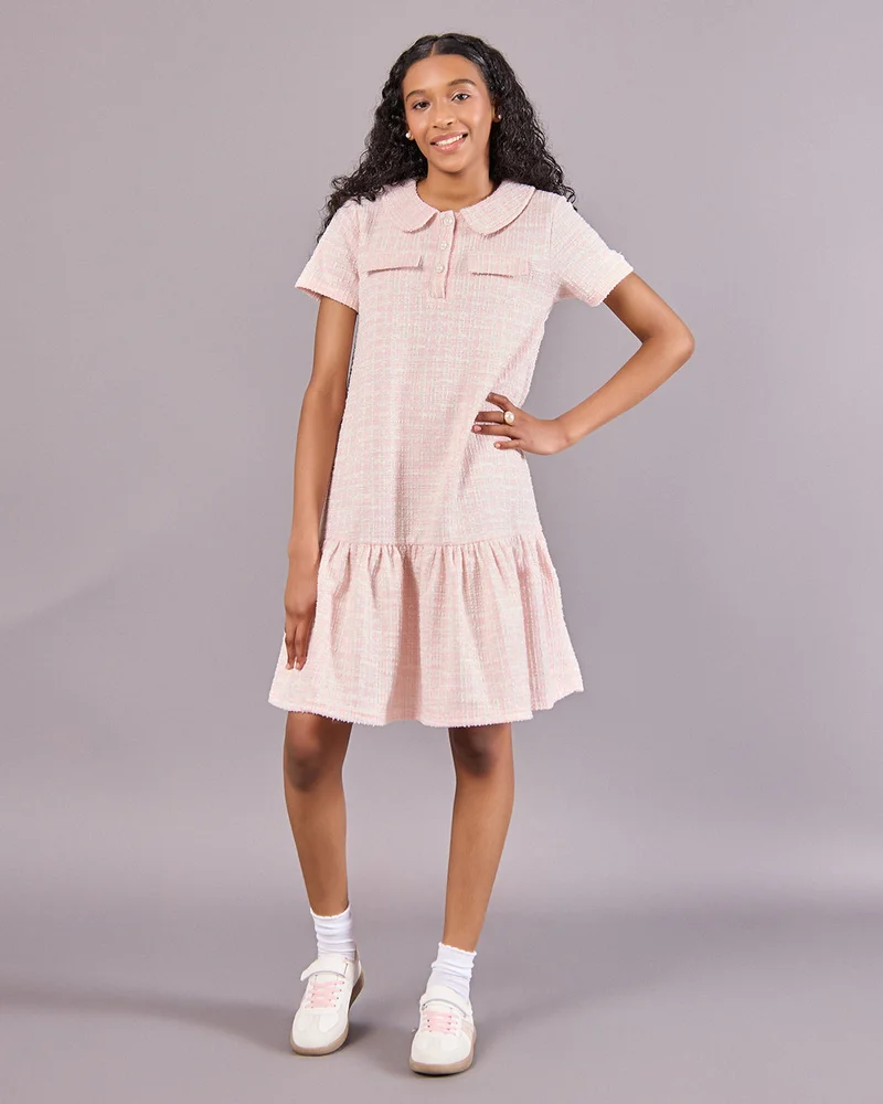 REDTAG Senior Girls Pink Jacquard Tweed Dress