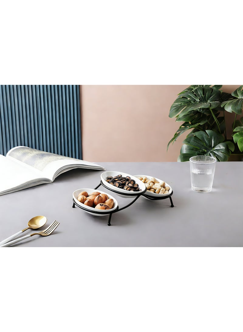 Shallow أوعية تقديم بيضاء ضحلة من البورسلين بيضاوية مع حامل معدني 3 قطع (18 سم) | أدوات تقديم مرتفعة للوجبات الخفيفة والحلويات والأطباق الجانبية لاستضافة، تناول الطعام اليومي، المناسبات الاحتفالية والهدايا - Image 5