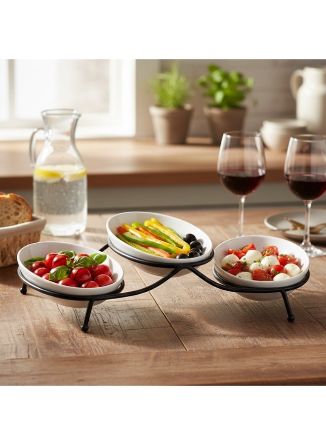 Shallow أوعية تقديم بيضاء ضحلة من البورسلين بيضاوية مع حامل معدني 3 قطع (18 سم) | أدوات تقديم مرتفعة للوجبات الخفيفة والحلويات والأطباق الجانبية لاستضافة، تناول الطعام اليومي، المناسبات الاحتفالية والهدايا - Image 3