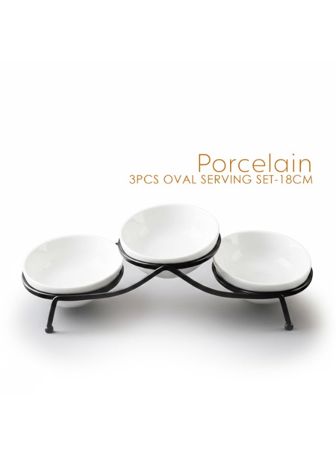 Shallow أوعية تقديم بيضاء ضحلة من البورسلين بيضاوية مع حامل معدني 3 قطع (18 سم) | أدوات تقديم مرتفعة للوجبات الخفيفة والحلويات والأطباق الجانبية لاستضافة، تناول الطعام اليومي، المناسبات الاحتفالية والهدايا - Image 2