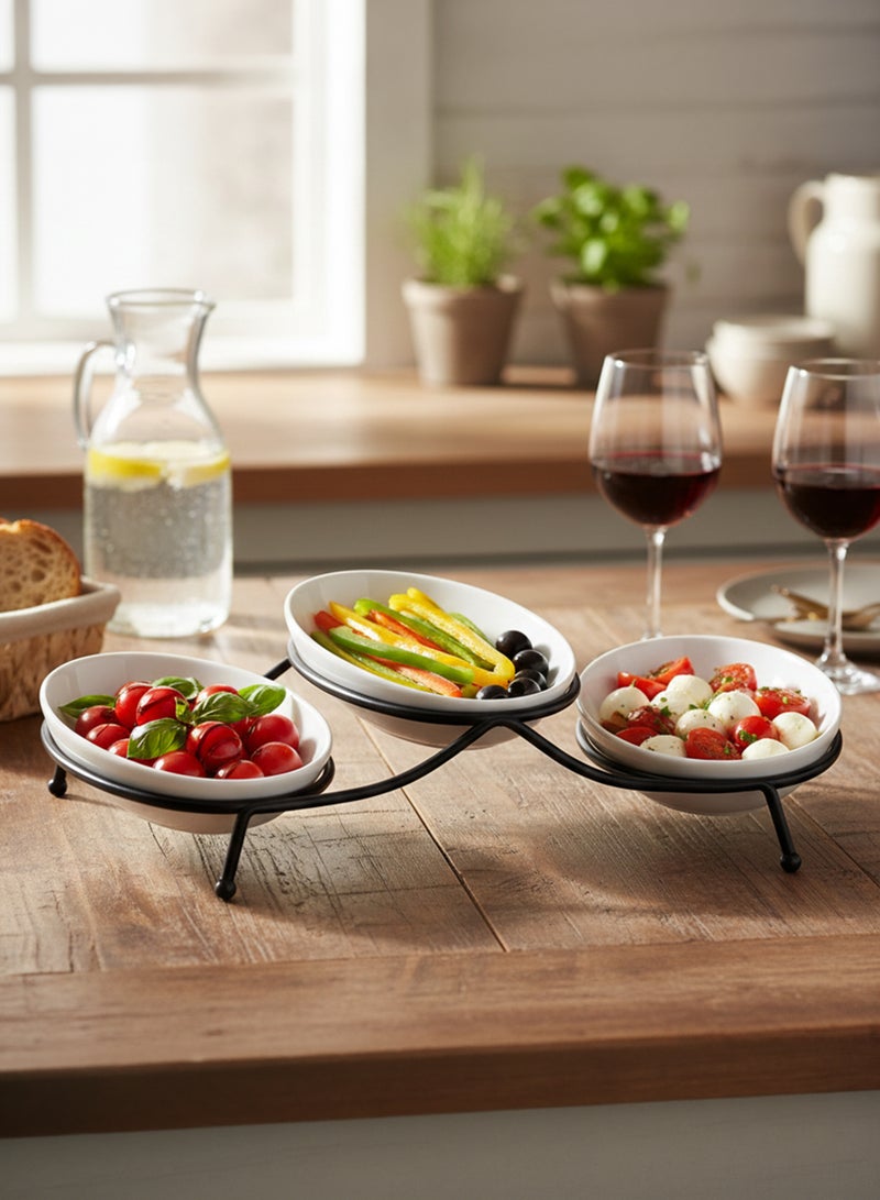 Shallow White Porcelain & Oval Serving Bowls with Metal Stand – 3 PCS (18cm) | Elevated Snack, Dessert & Side Dish Serveware for Hosting, Daily Dining, Festive Occasions & Gifting - Image 4