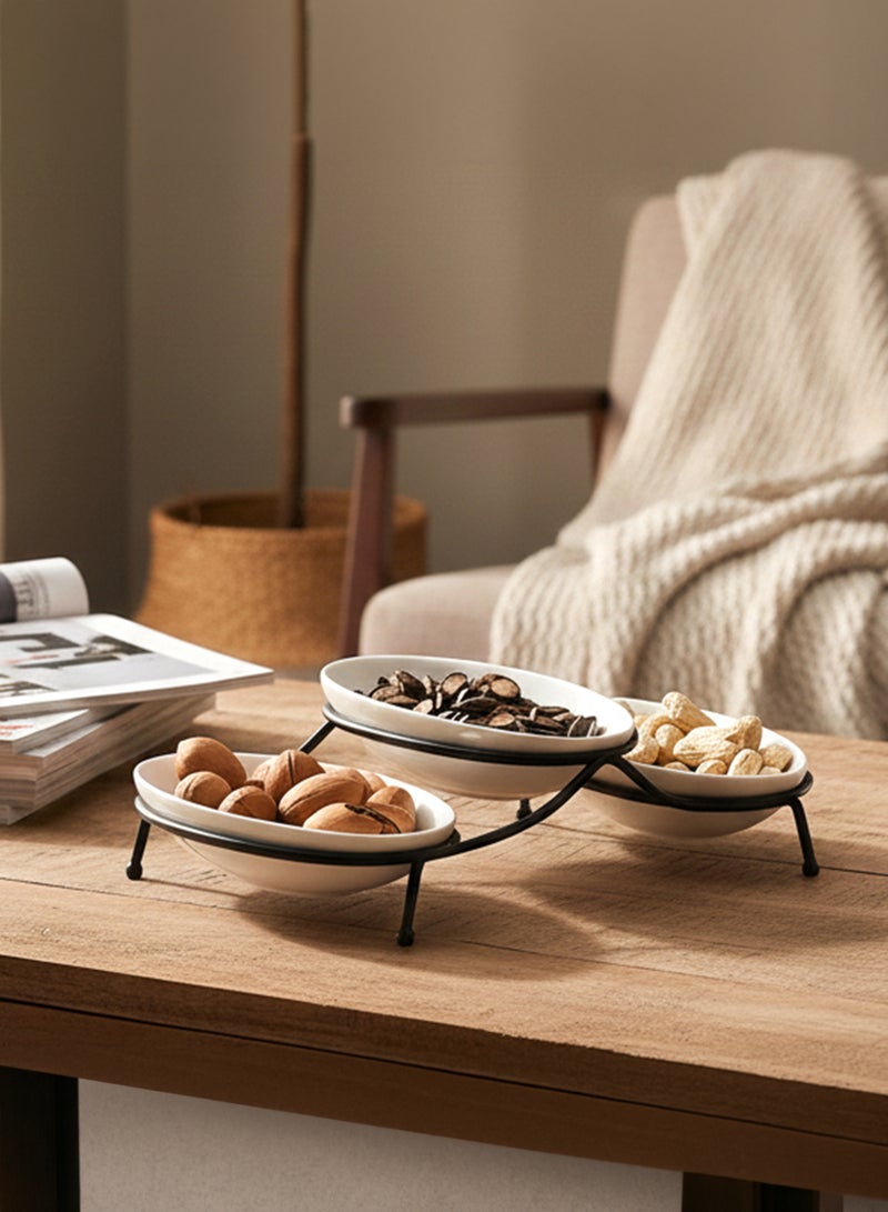 Shallow White Porcelain & Oval Serving Bowls with Metal Stand – 3 PCS (18cm) | Elevated Snack, Dessert & Side Dish Serveware for Hosting, Daily Dining, Festive Occasions & Gifting - Image 5