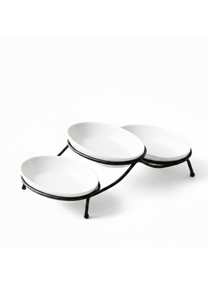 Shallow White Porcelain & Oval Serving Bowls with Metal Stand – 3 PCS (18cm) | Elevated Snack, Dessert & Side Dish Serveware for Hosting, Daily Dining, Festive Occasions & Gifting - Image 1