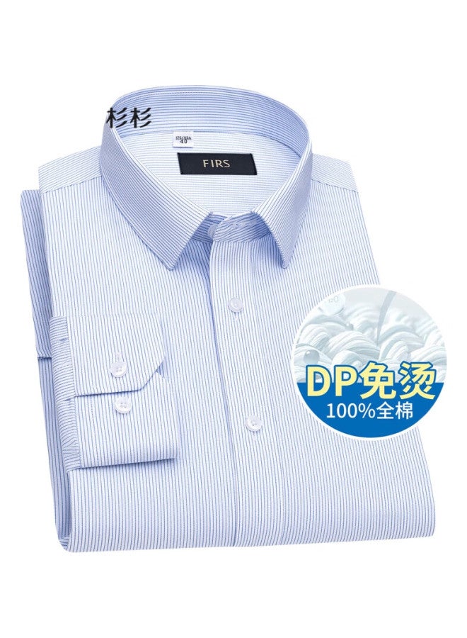 FIRS Men'S Dp Wrinkle-Free Long Sleeve Cotton Striped Shirt, Spring And Autumn Business Formal Wear, Pure Cotton, Light Blue Stripes, Size 44 - Image 1