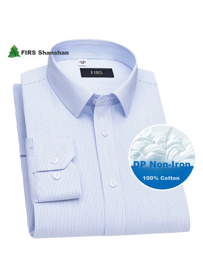 Firs Men's Dp قميص قطني طويل الأكمام مضاد للتجاعيد، ملابس رسمية رجال الاعمال للربيع والخريف، قطني بنقشة خطية باللون الأزرق الفاتح، المقاس 44 - Image 2