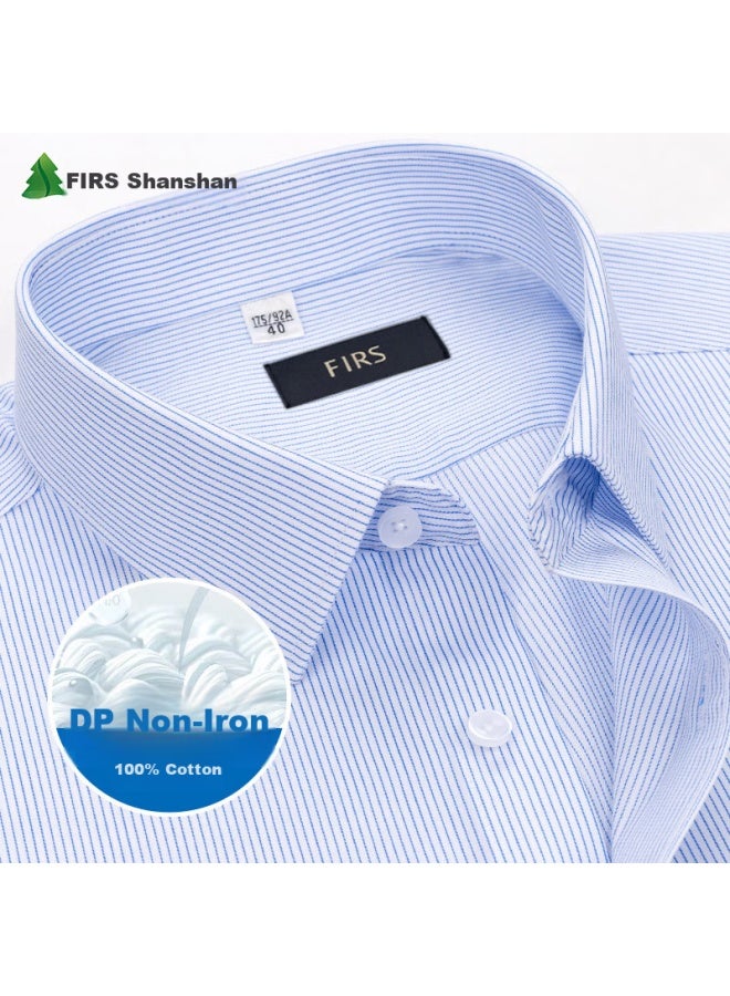 Firs Men's Dp قميص قطني طويل الأكمام مضاد للتجاعيد، ملابس رسمية رجال الاعمال للربيع والخريف، قطني بنقشة خطية باللون الأزرق الفاتح، المقاس 44 - Image 1