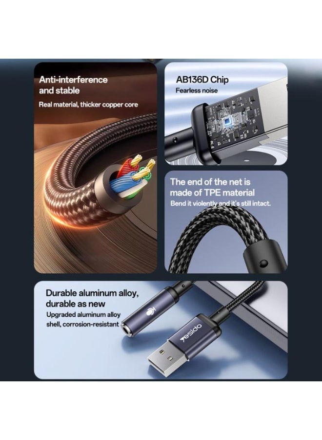 يسيدو محول صوت من سبيكة الألومنيوم إلى USB مقاس 3.5 مم من Yesido YAU46 (أسود) - Image 2