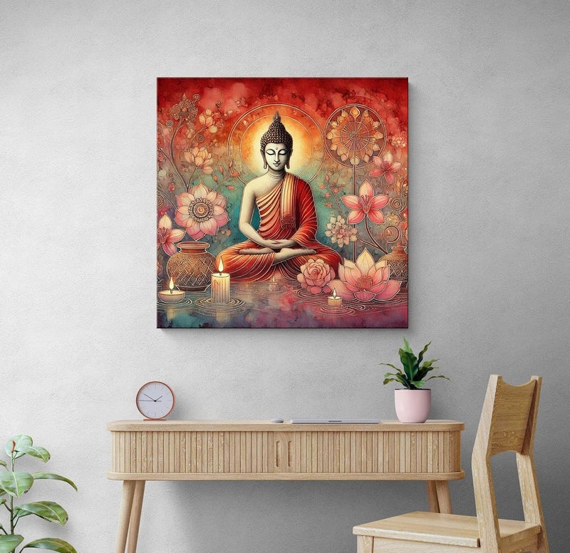 999STORE 999STORE Canvas Wrapped Painting of Buddha with Lotus and Candles Harmonious Art for Serenity 24X24 InchesFLP24X240559 