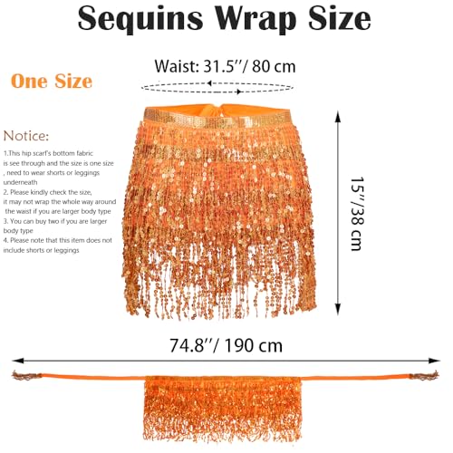 Fenyong Women's Sequin Tassel Skirts Sparkly Rave Fringe Hip Scarf for Festival Costume(Orange) - Image 5