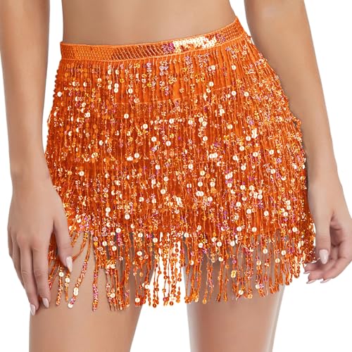 Fenyong Women's Sequin Tassel Skirts Sparkly Rave Fringe Hip Scarf for Festival Costume(Orange) - Image 1