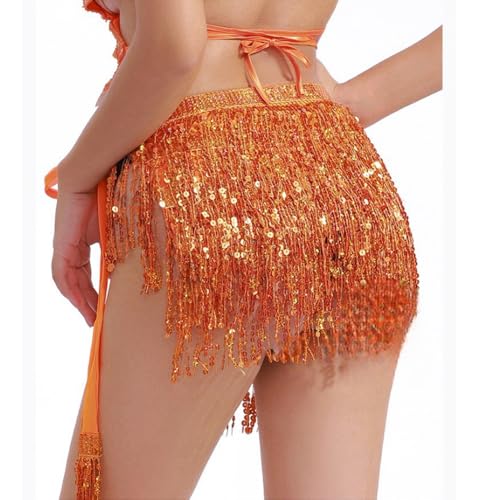Fenyong Women's Sequin Tassel Skirts Sparkly Rave Fringe Hip Scarf for Festival Costume(Orange) - Image 4