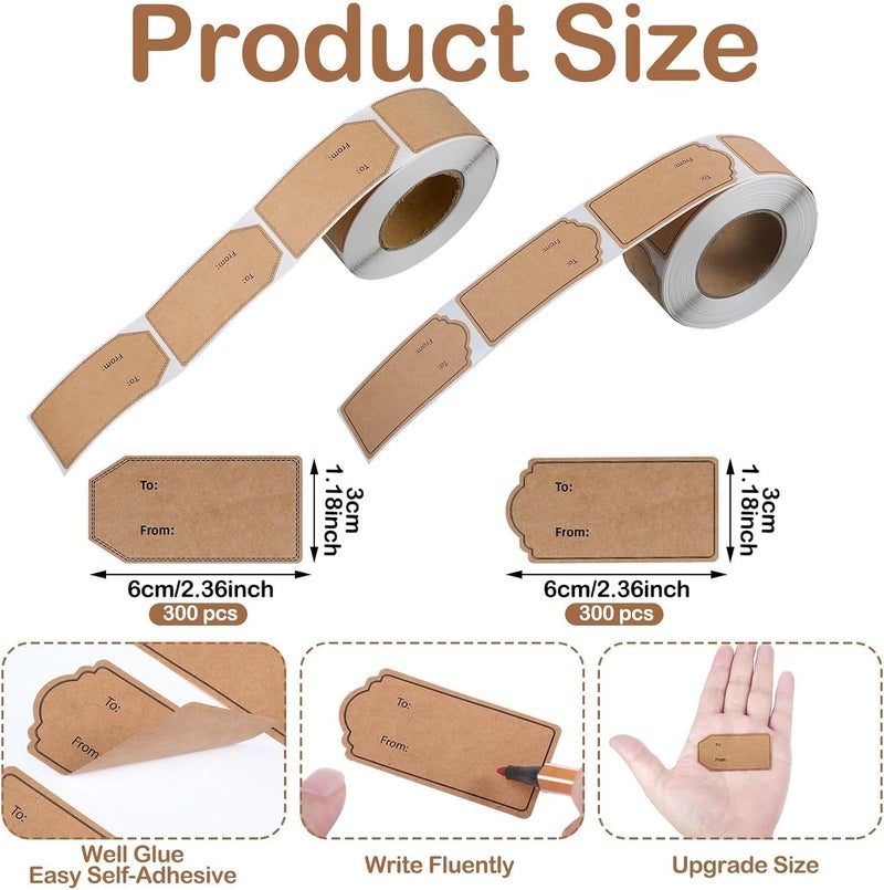 KASTWAVE 600 Pcs Natural Brown Kraft To And From Gift Tag Stickers 1.18"X2.36", Kraft To From Adhesive Gift Labels Sticker Valentine'S Day Gift Tags Holiday Present Labels, 300 Pcs/Roll - Image 2