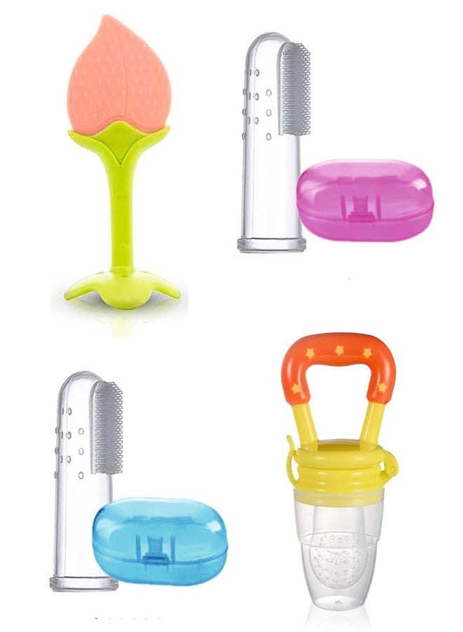 ROFORUF Baby Food Feeder Pacifier, Silicone Fruit Feeder Teethers For Babies1 Pc, Fruit Shape Teether For New Born 1Pc & Baby Finger Toothbrush 2Pc(Combo Of 4),Assorted - Image 1