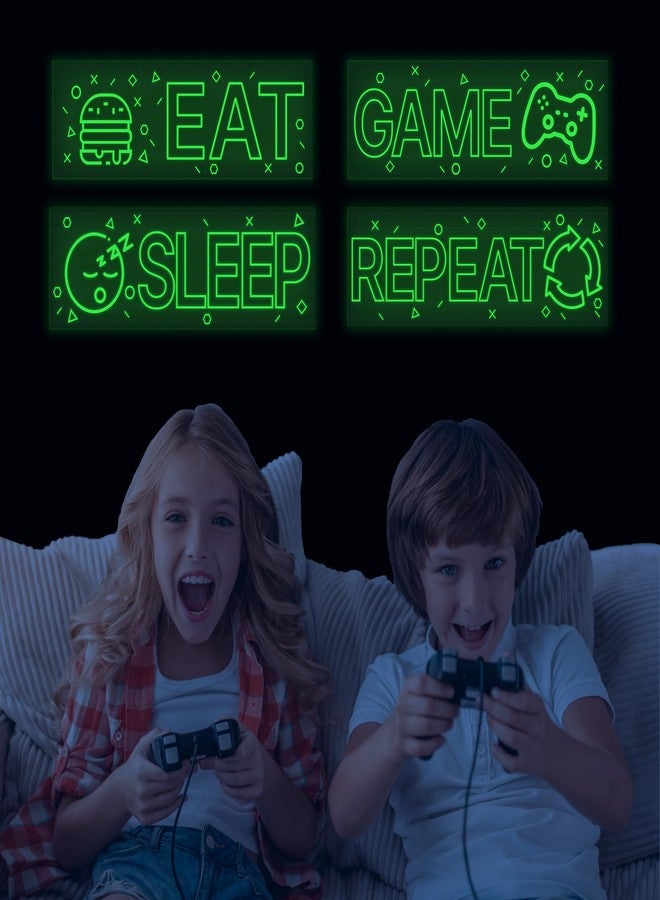Robmoda 4 Pcs Glow in The Dark Neon Game Wall Stickers, Boys Gamer Room Wall Decals, EAT Sleep Game Repeat Gaming Wall Art Sticker, Kids Bedroom PlayRoom Nursery Party Decoration (Green) - Image 2