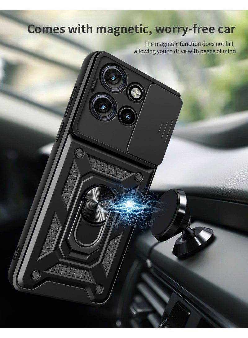 Motorola Edge 50 5G Case Cover, Slide Camera Lens Cover + 360°Rotating Kickstand Ring + Support Magnetic Car Mount Shockproof Mobile Phone Case For Motorola Edge 50 5G, Black - Image 3