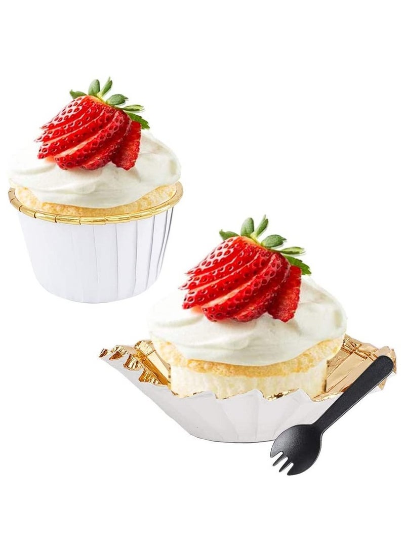 SYOSI Cupcake Liners with Dome Lids 50Pack,Free-Air 3.5Oz Mini Foil Baking Cups Muffin Liners,Disposable Ramekins Cupcake Tins Cupcake Wrappers for Wedding Birthday Party,with Spoons-White in gold - Image 3