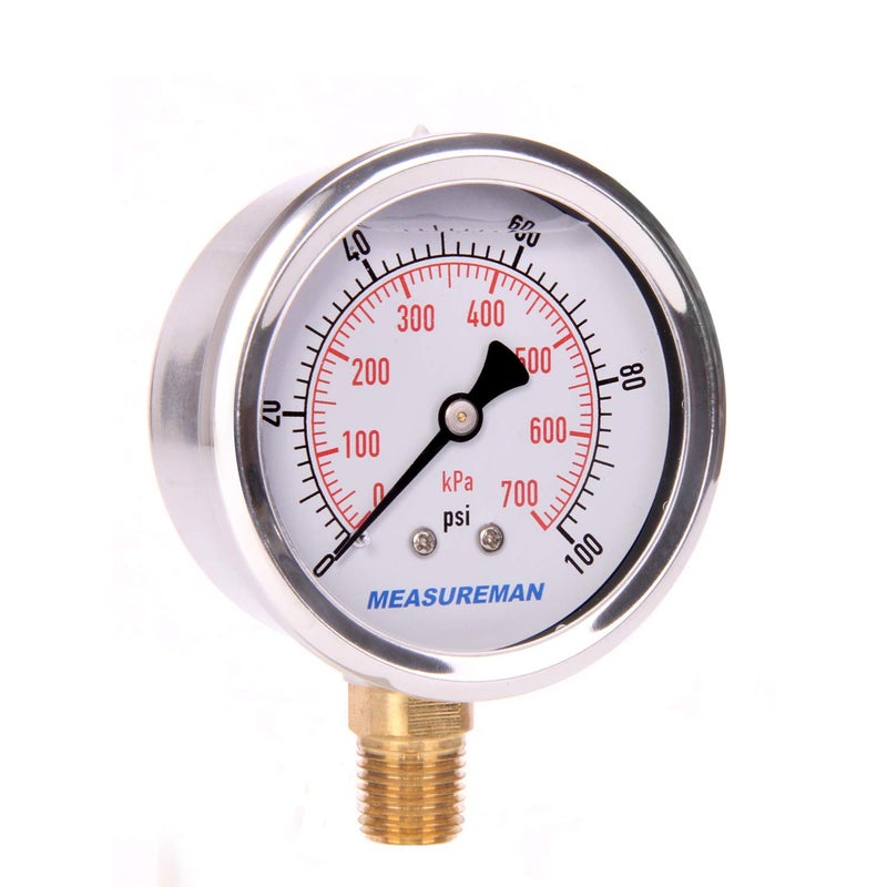 MEASUREMAN مقياس ضغط مملوء بالجليسرين من ميزورمان، حجم القرص 2-1/2 بوصة، نطاق 0-100 رطل لكل بوصة مربعة/كيلو باسكال، غلاف من الفولاذ المقاوم للصدأ 304، تركيب سفلي 1/4 إنش إن بي تي - Image 2
