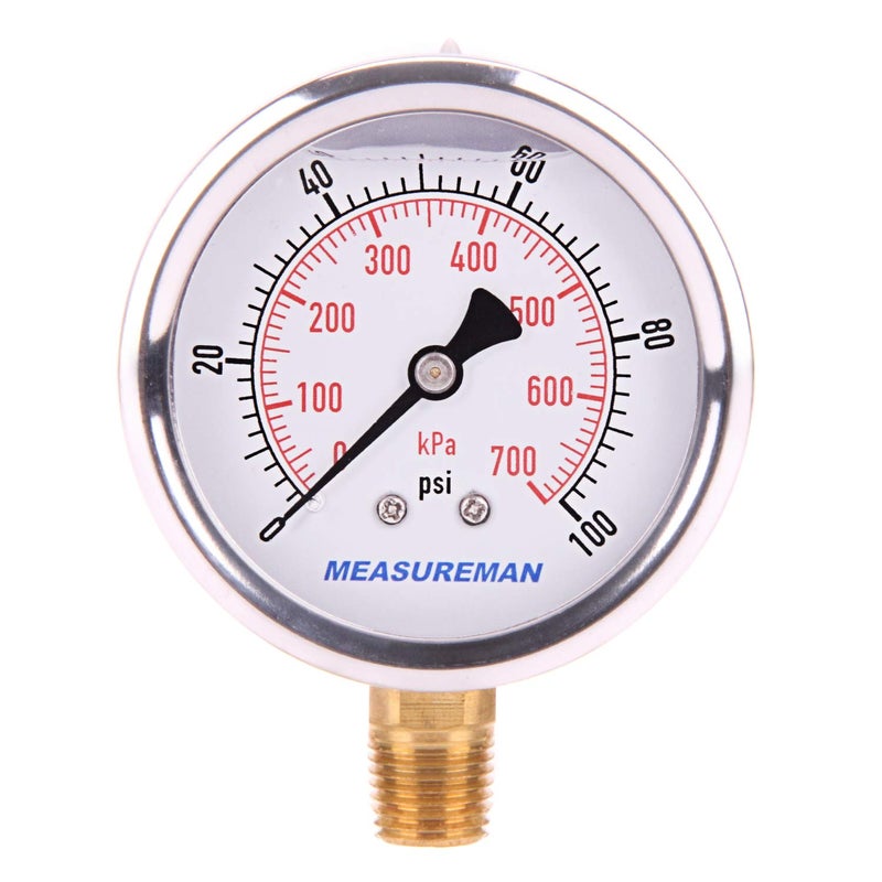 MEASUREMAN مقياس ضغط مملوء بالجليسرين من ميزورمان، حجم القرص 2-1/2 بوصة، نطاق 0-100 رطل لكل بوصة مربعة/كيلو باسكال، غلاف من الفولاذ المقاوم للصدأ 304، تركيب سفلي 1/4 إنش إن بي تي - Image 1