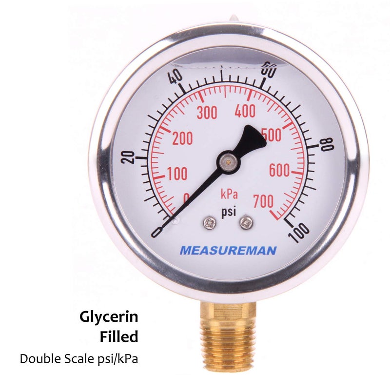 MEASUREMAN مقياس ضغط مملوء بالجليسرين من ميزورمان، حجم القرص 2-1/2 بوصة، نطاق 0-100 رطل لكل بوصة مربعة/كيلو باسكال، غلاف من الفولاذ المقاوم للصدأ 304، تركيب سفلي 1/4 إنش إن بي تي - Image 3