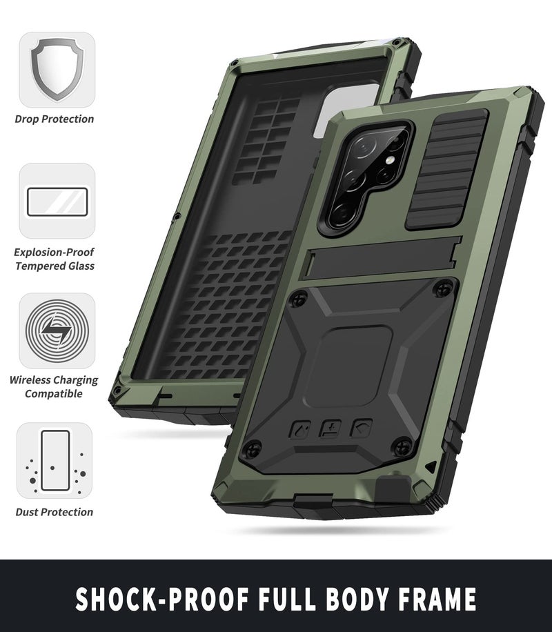 Simicoo Compatible with Samsung S23 Ultra Metal Military Case with Stand Screen Protector Camera Protection Rugged Heavy Duty Shockproof Full Body Cover Tough Dustproof for Men (Green) - Image 3