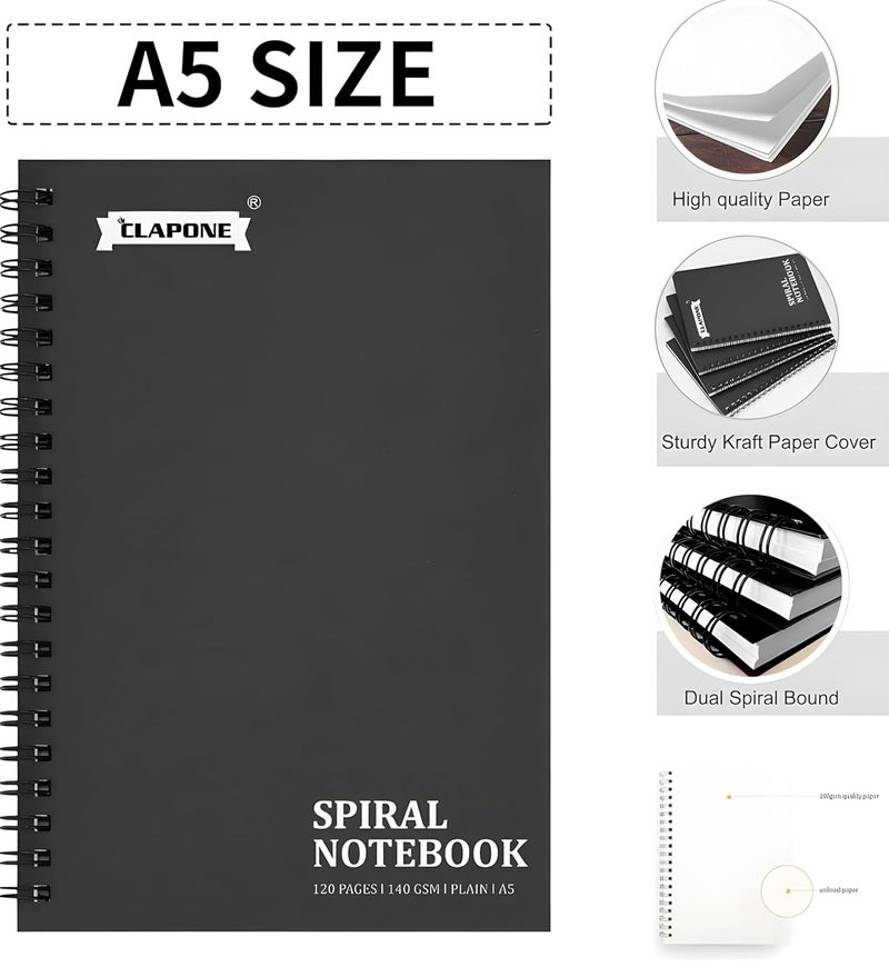 CLAPONE 3 Pcs A5 Spiral Notebook with Natural White 120 Plain Page 140 GSM Heavy Duty Paper for School/College/Office/Home Travel Writing Notebook/Journal/Sketchbook/Notepad/Lightweight/Kraft Cover/Classic Blank Spiral Notebook,Black - Image 5