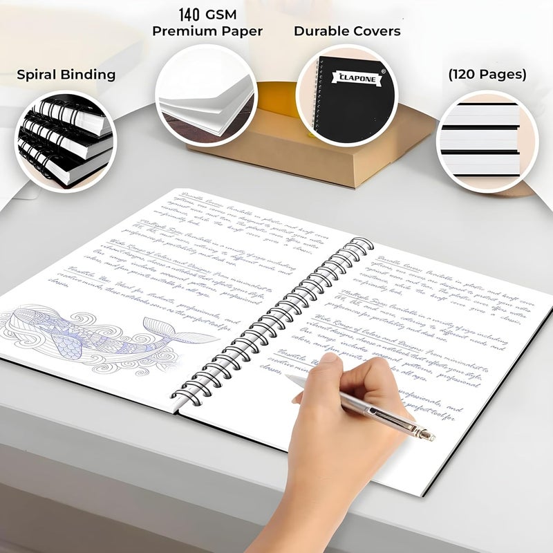 CLAPONE 3 Pcs A5 Spiral Notebook with Natural White 120 Plain Page 140 GSM Heavy Duty Paper for School/College/Office/Home Travel Writing Notebook/Journal/Sketchbook/Notepad/Lightweight/Kraft Cover/Classic Blank Spiral Notebook,Black - Image 3