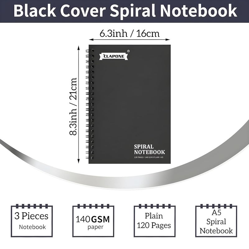CLAPONE 3 Pcs A5 Spiral Notebook with Natural White 120 Plain Page 140 GSM Heavy Duty Paper for School/College/Office/Home Travel Writing Notebook/Journal/Sketchbook/Notepad/Lightweight/Kraft Cover/Classic Blank Spiral Notebook,Black - Image 2