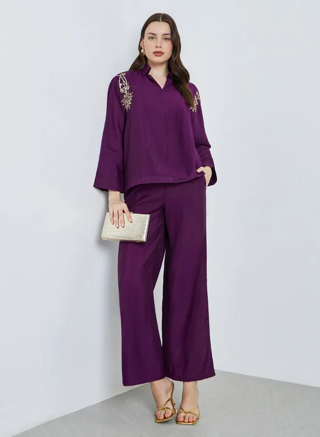 Purple Sequin Detail Top and Pants Co-Ords