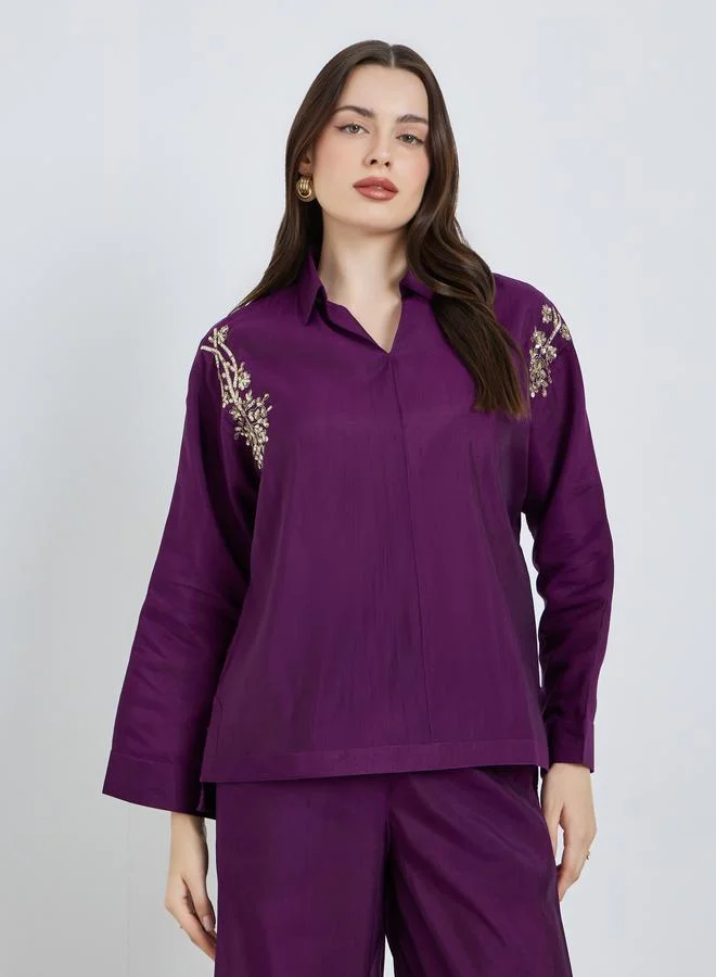 Styli Purple Sequin Detail Top and Pants Co-Ords