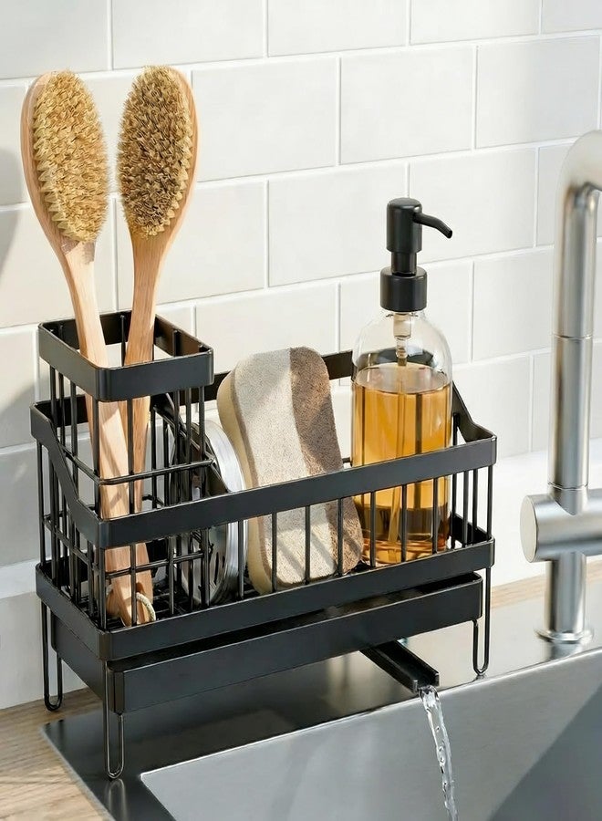 OKITCHEN Sink Caddy with 360° Rotating Self Draining, Countertop Sponge Holder, Sink Side Organizer for Bottle Brushes, Sink Accessories for Kitchen, Bathroom - Black - Image 1