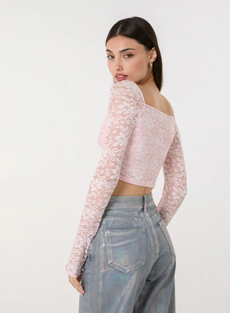 Pink Vanilla Long Sleeve Lace Butterfly Top