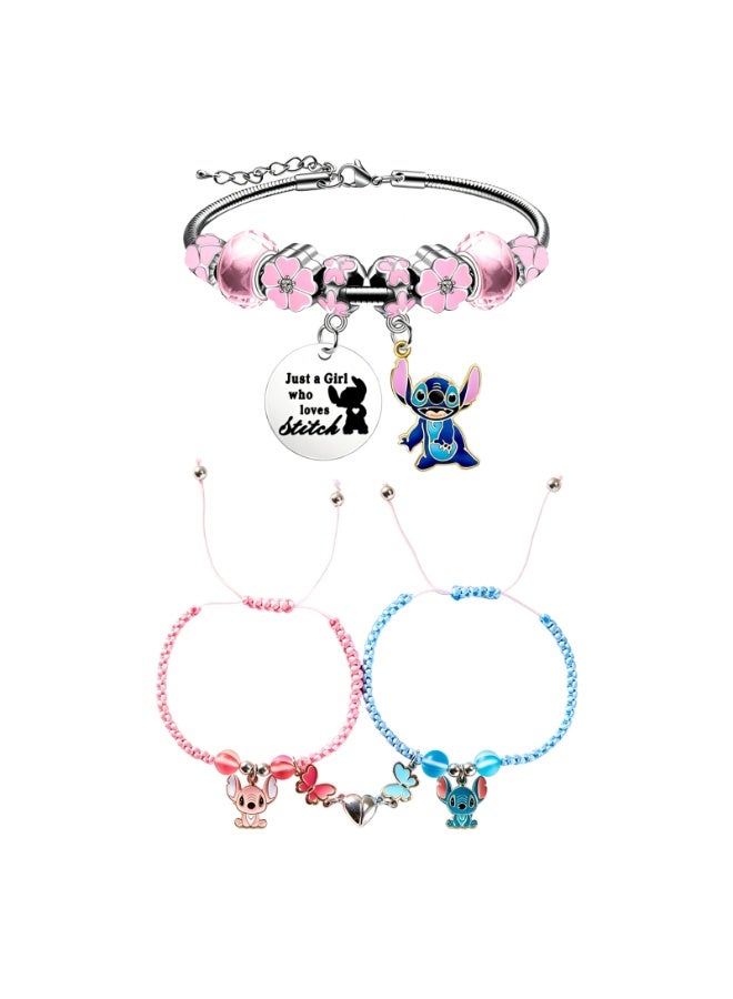 3-Piece Stitch Cartoon Charm Beaded Adjustable Bracelet Set - Image 1