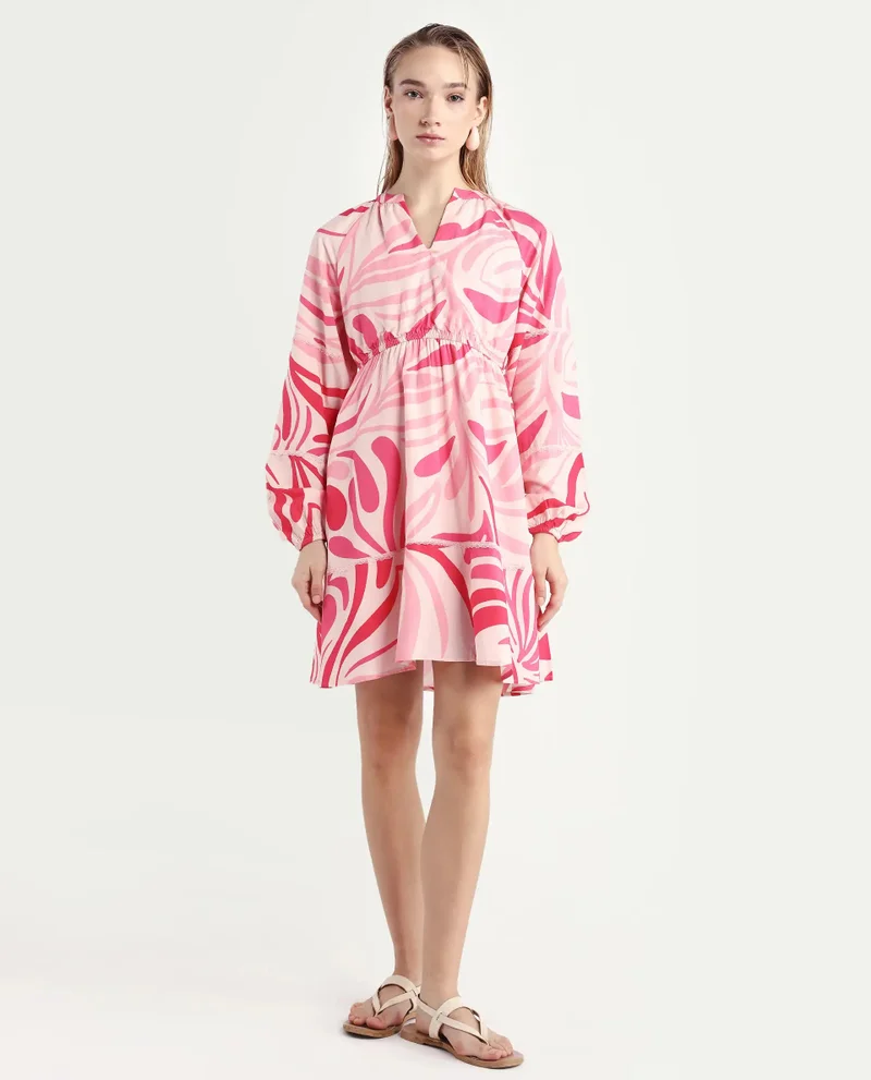 Rareism Women's Abstract Print Tier Mini Dress