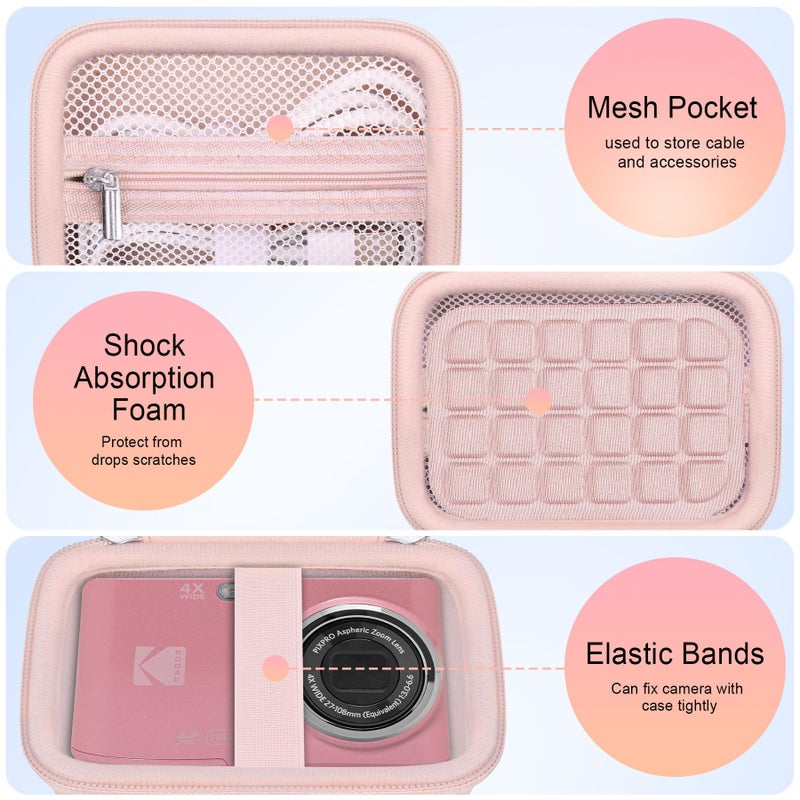 Elonbo Camera Carrying Case for KODAK PIXPRO FZ55 / FZ53 / FZ45 / FZ43 16MP Digital Camera, Vlogging Camera Storage Holder Travel Bag, â€‹Mesh Bag Fits Batteries, Cable, Memory Card, Card Reader, Pink - Image 3