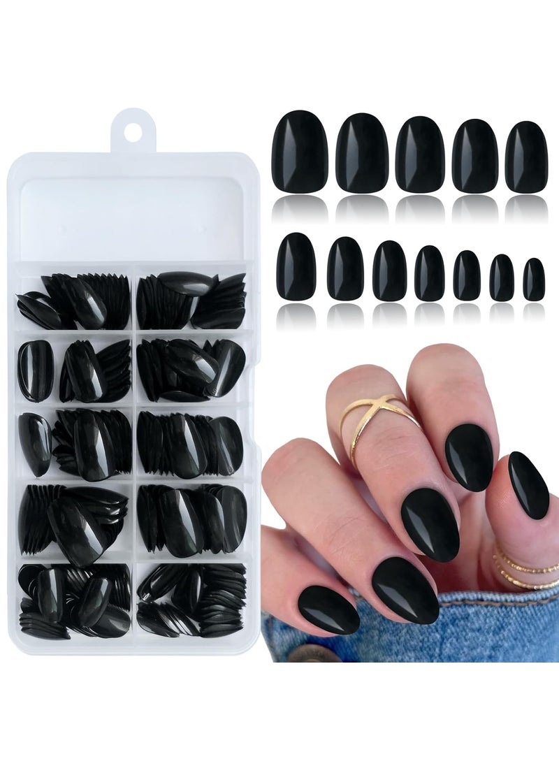LifexTol - Short Press on Nails Almond Fake Nails Black, 240 Round Almond Press on Nail Short Full Cover Acrylic Presson Nail Tips False Artificial Fingernails & Nail Glue Adhesive Tabs for Women Kids - Image 1