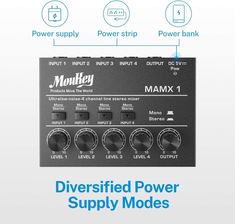 Moukey Mini Audio Mixer, DC 5V, 4 Stereo Ultra, Low Noise 4 Channel Line Mixer for Sub-Mixing, for Small Clubs or Bars, As Guitars, Bass, Keyboards Mixer, MAMX1 - Image 5